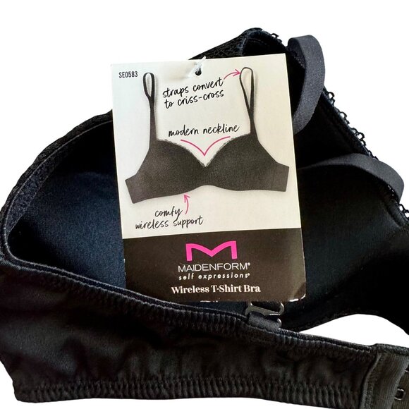 Maidenform Self Expressions Wireless T-Shirt Bra 38D Black Lace Modern Neckline - Picture 3 of 8